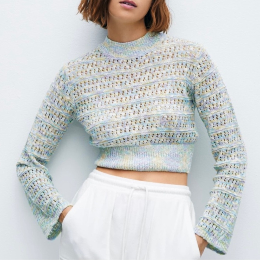 Zara Blue Multicolored Crochet Knit Cropped Sweater Top